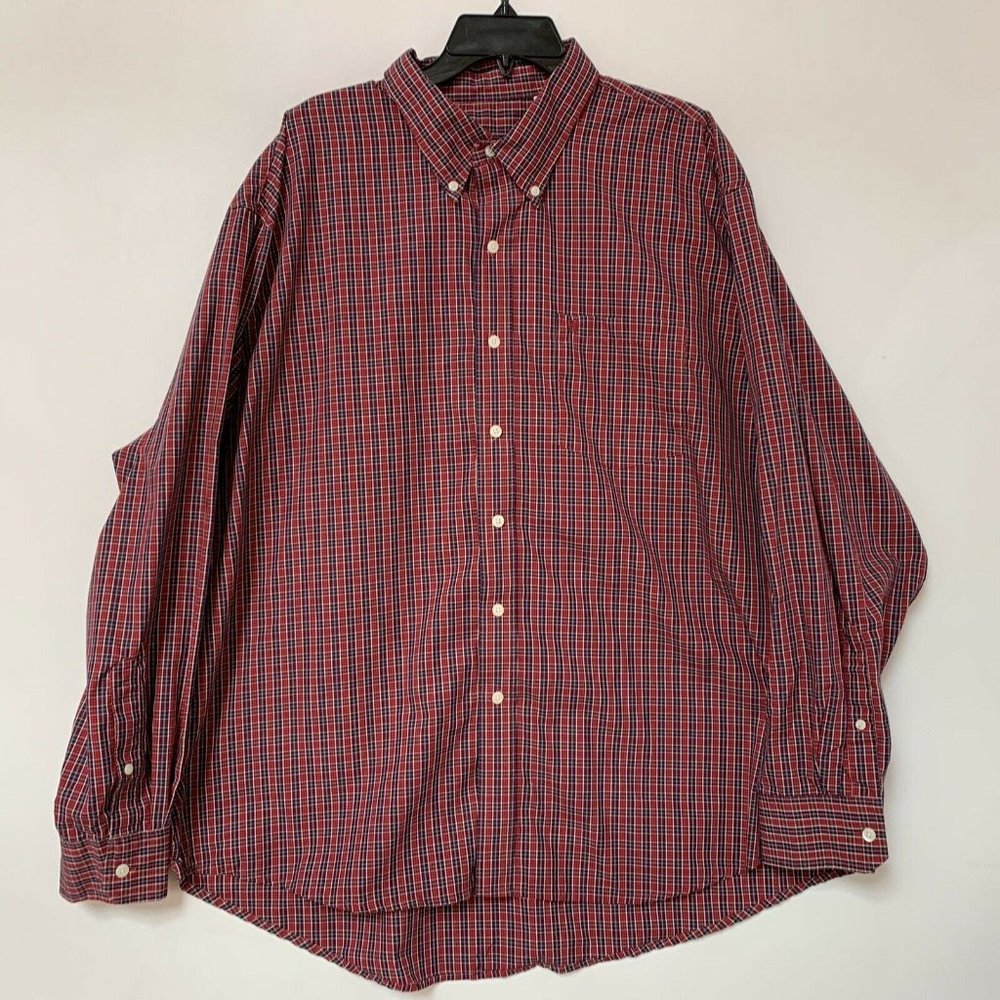 Izod Mens Size XXL Button Down Long Sleeve Dress‎ Shirt Red Blue Plaid Western
